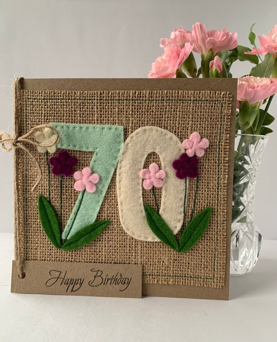 Handmade 70th Birthday Card from felt. Keepsake... - Folksy