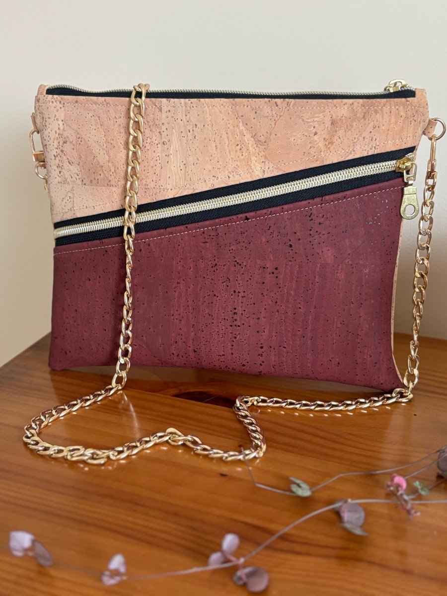 Handmade Cork Shoulder Bag – Burgundy & Natural Cork with Cream Lining