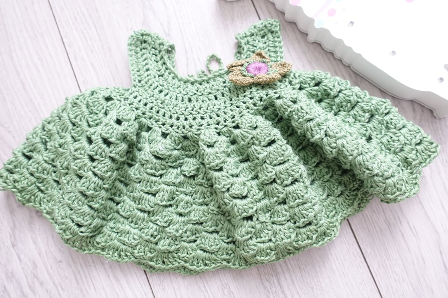 Moss Green Cotton Baby Dress - Age Birth to 3 months  - Doll or Teddy Bear dress