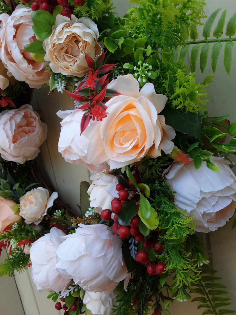 Sarah. 46cm wreath. Cream,  green, and red. Door wall table grave weddings. 