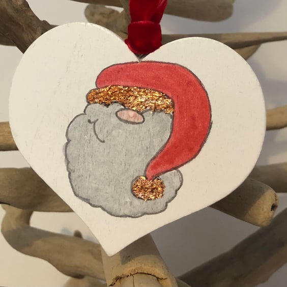 Father Christmas on a Small Wooden Heart Christmas Decoration 