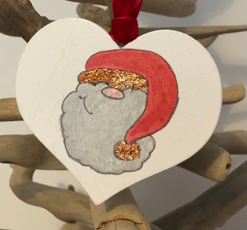 Father Christmas on a Small Wooden Heart Christmas Decoration 