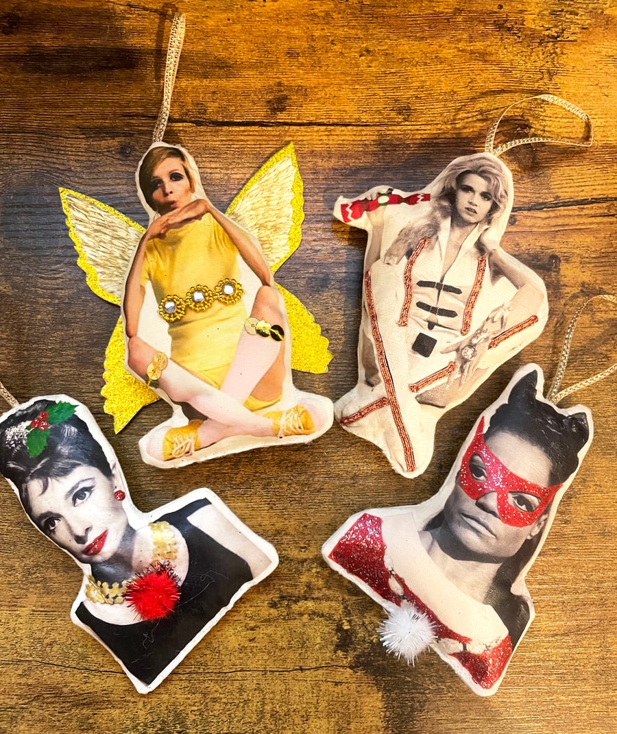 Retro handmade Christmas Tree Decorations - kitsch 1960's icons