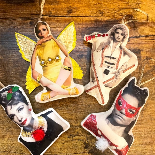 Retro handmade Christmas Tree Decorations - kitsch 1960's icons