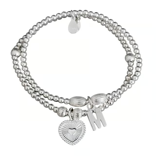 Sterling Silver Initial and Heart Charm Personalised Stretch Stacking Bracelets