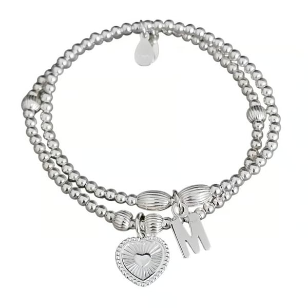 Sterling Silver Initial and Heart Charm Personalised Stretch Stacking Bracelets