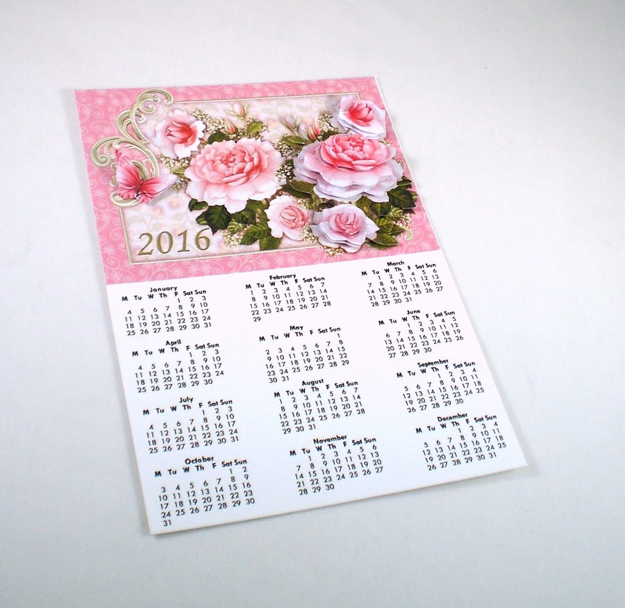 Handmade Small Wall Calendar, Pink Roses, 3D, 2016