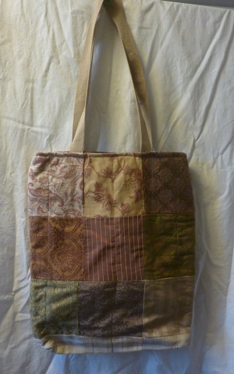 Brown Designer Fabric Tote Bag Luxery Patchwork Padded Quited Lined Pocket Zip