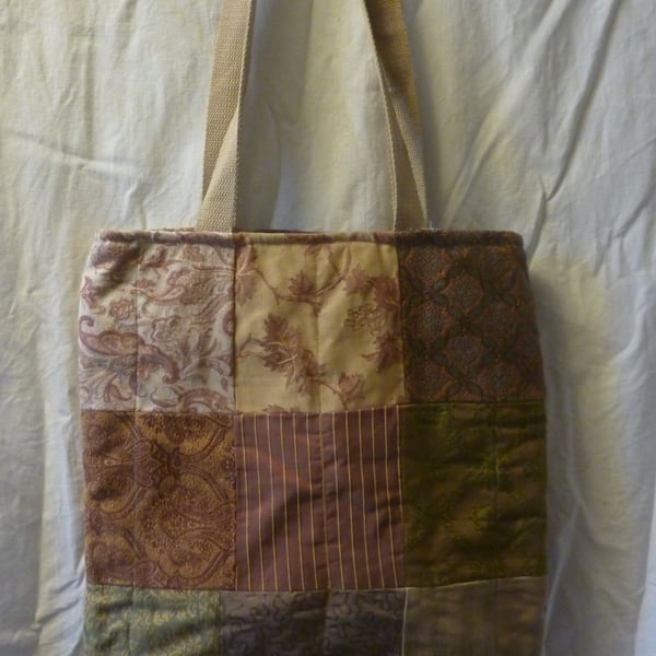Brown Designer Fabric Tote Bag Luxery Patchwork Padded Quited Lined Pocket Zip