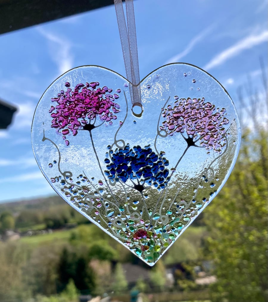 Floral Love heart fused glass hanging sun catcher