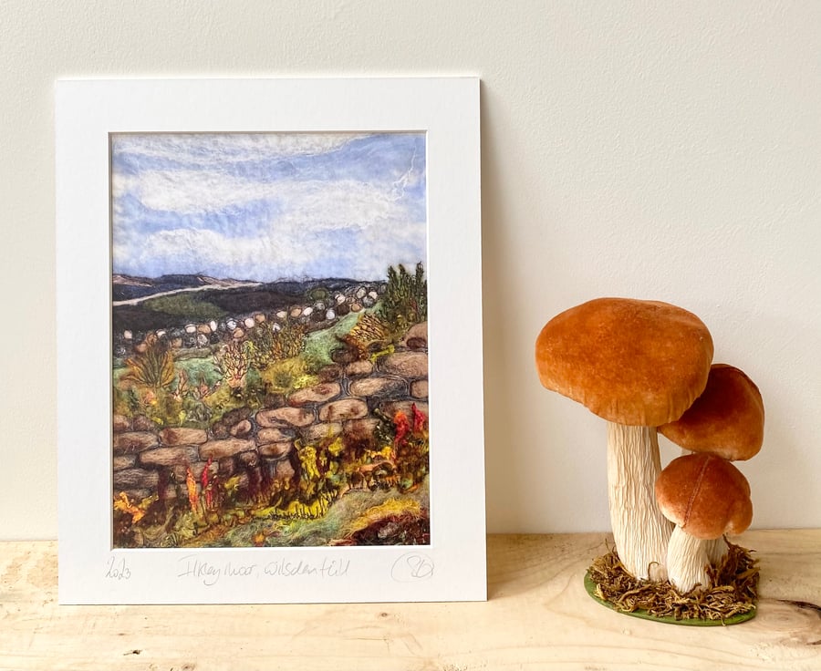 Ilkley Moor over a dry stone wall  mounted textile art print of Yorkshire. 