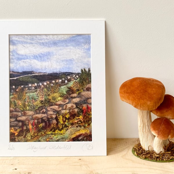 Ilkley Moor over a dry stone wall  mounted textile art print of Yorkshire. 