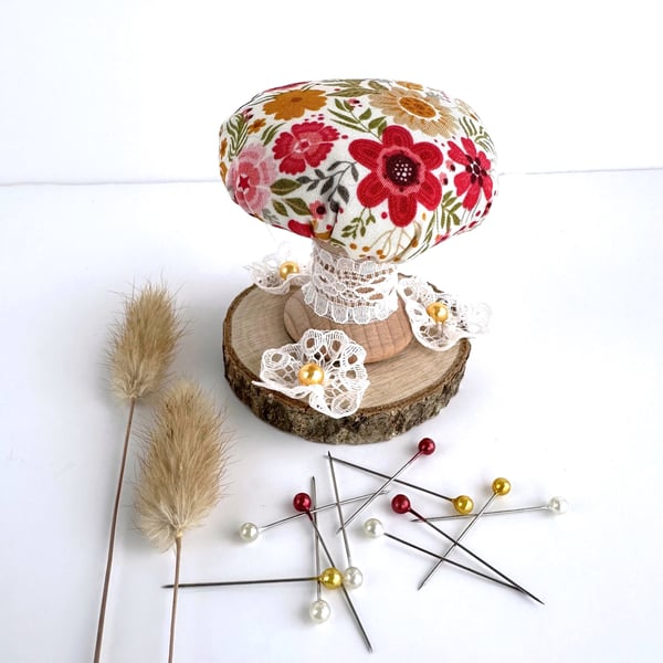 Floral Toadstool Pin Cushion with Bright Flowers