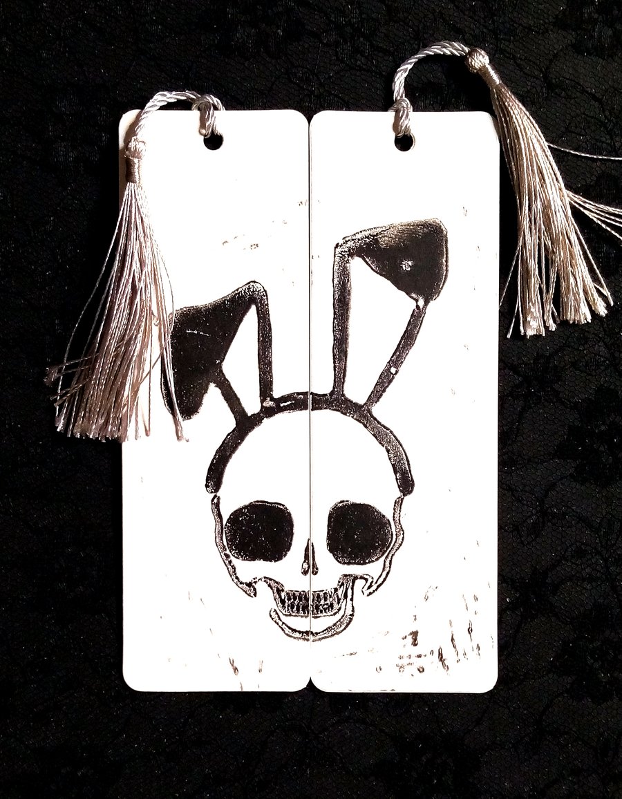 Pullip Doll Skull with Floppy Bunny Ears Lino Cut Print on Two Card Bookmarks