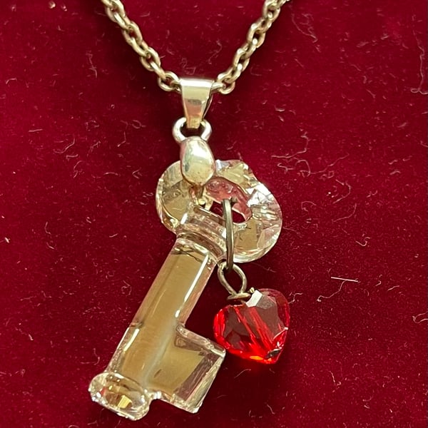 Swarovski crystal clear key and red crystal heart 