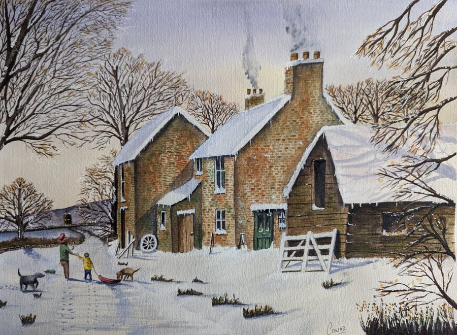 Winters Walk Landscape.Snow Christmas.A4 print watercolour print