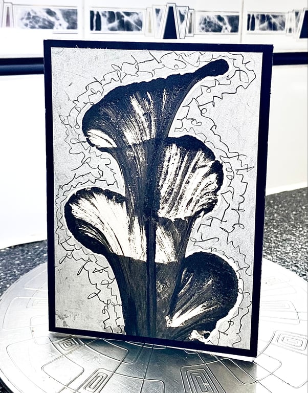 Hand painted, metallic black and silver, blank flower card 