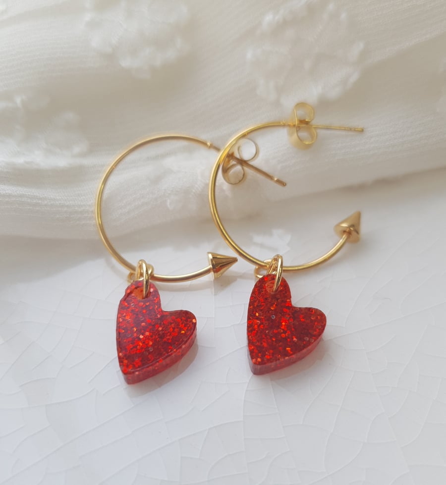 Red Glitter Encrusted Resin Heart Hoop Earrings - Cupids Arrow