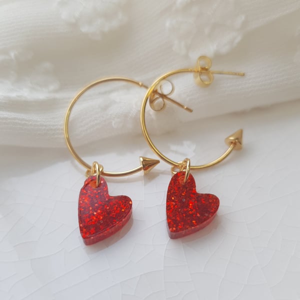 Red Glitter Encrusted Resin Heart Hoop Earrings - Cupids Arrow