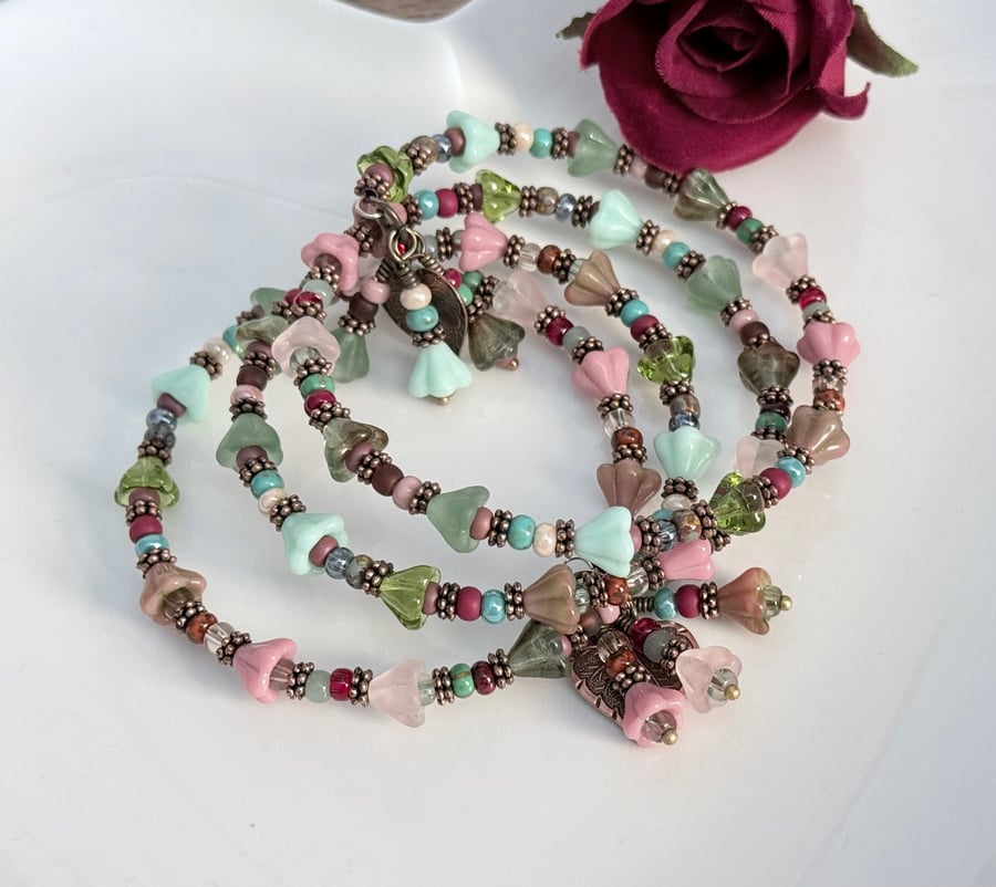 Floral summer beaded flower wrap bracelet with leaf charms