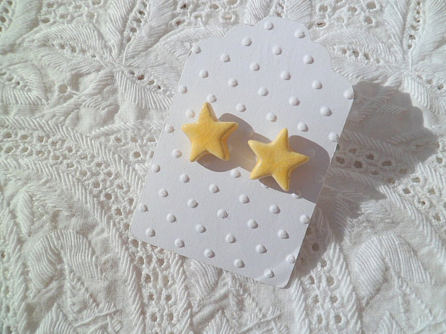 Ceramic star stud earrings - Sun Yellow - sterling silver posts and scrolls