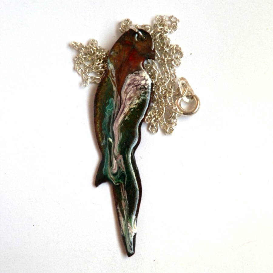 orchid and white scrolled over bronze and green enamel - parrot pendant