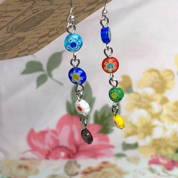 Colourful mismatched Millefiori glass flower earrings