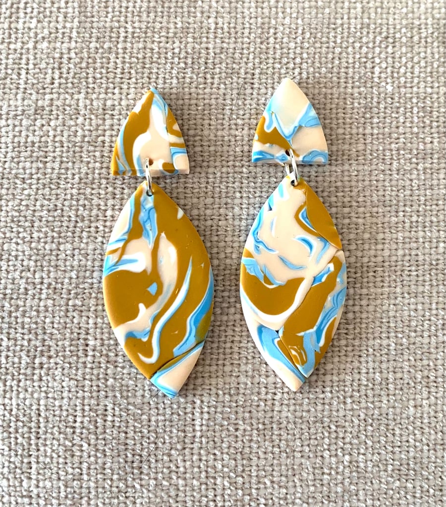 Unique polymer clay blue & brown lightweight dangle earrings 