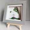 Grey Framed Sea Glass Art Picture - Love Bird, heart balloon, cute, forest scene
