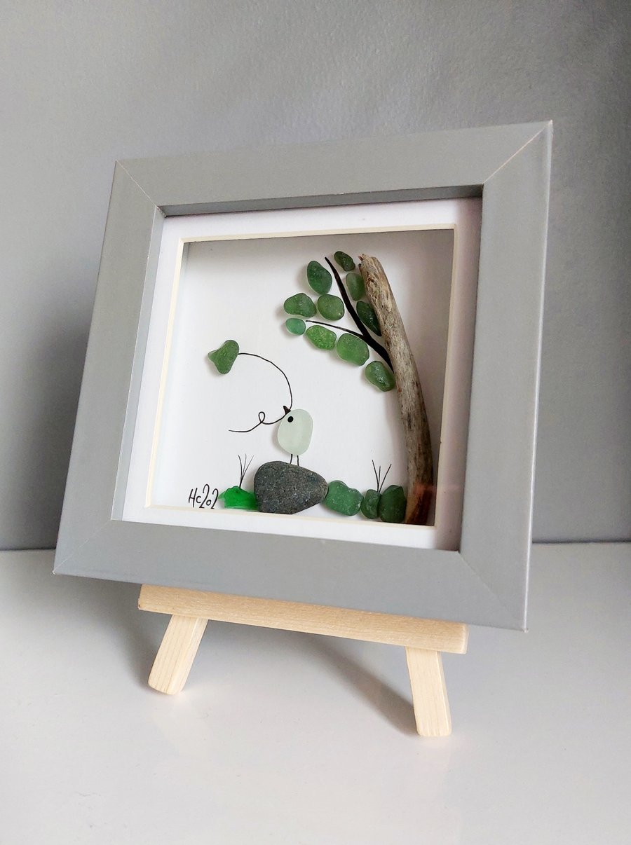 Grey Framed Sea Glass Art Picture - Love Bird, heart balloon, cute, forest scene
