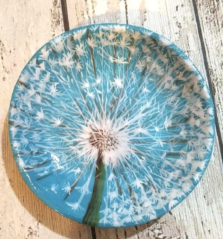 Dandelion handpainted decorative dish, Dandelion clock trinket dish