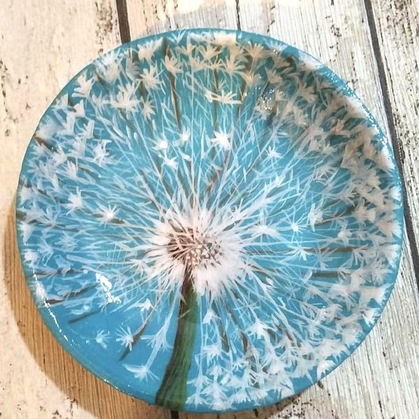 Dandelion handpainted decorative dish, Dandelion clock trinket dish