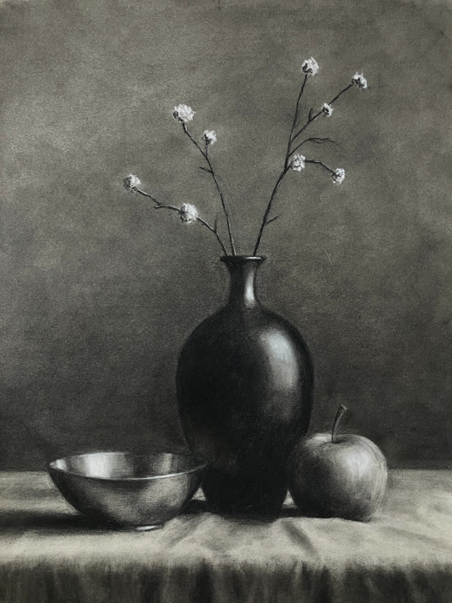 Still Life with Vase, Bowl & Apple — Original Charcoal Drawing — 11 x 14 inches