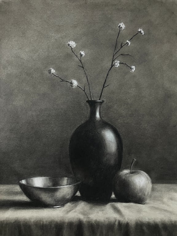 Still Life with Vase, Bowl & Apple — Original Charcoal Drawing — 11 x 14 inches