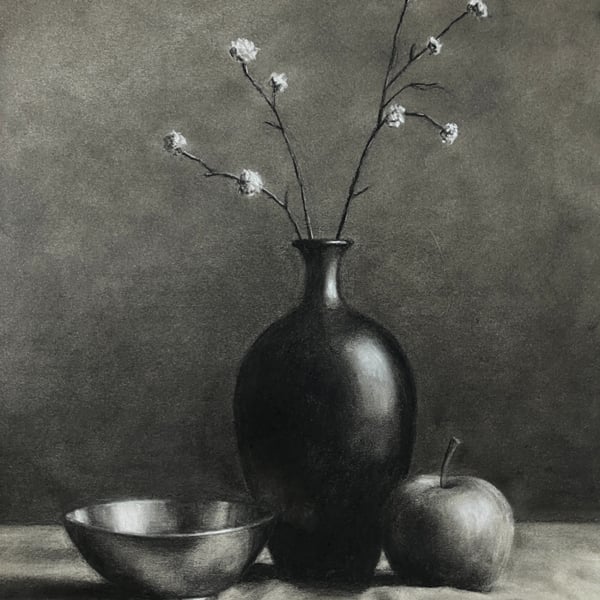 Still Life with Vase, Bowl & Apple — Original Charcoal Drawing — 11 x 14 inches