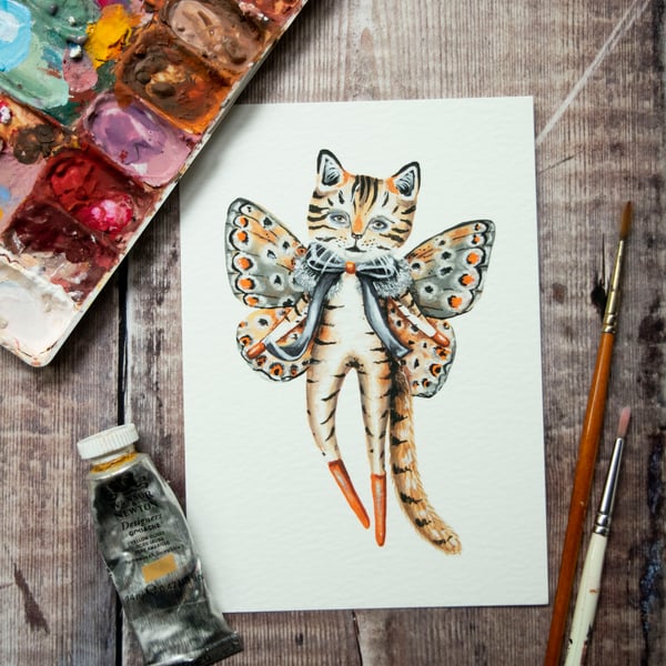 Illustrated art print of a tabby cat butterfly called Quincy. A6, hand tinted