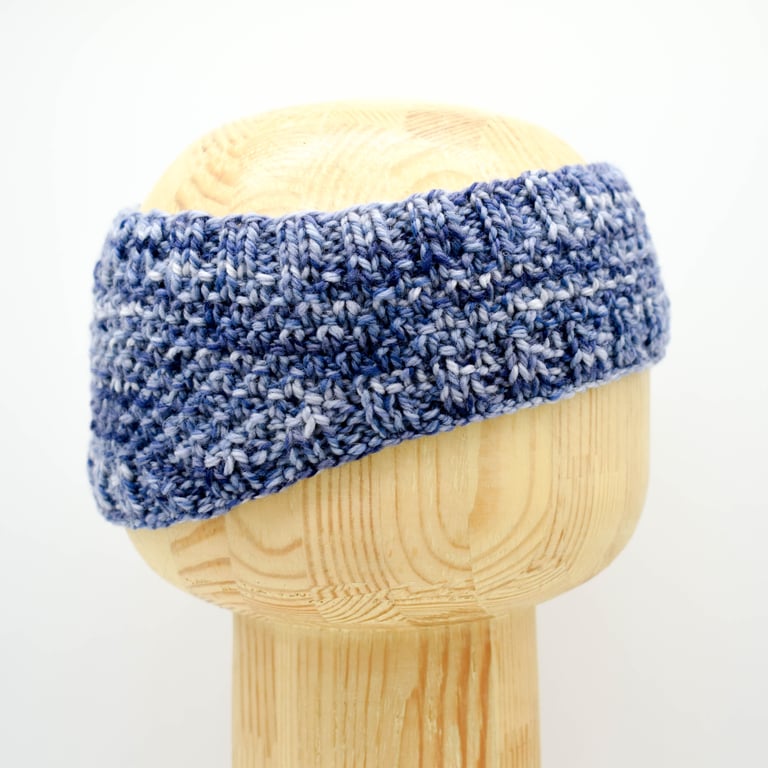 Hand Knitted shaped headband ear warmers in Blue  - Adult Medium