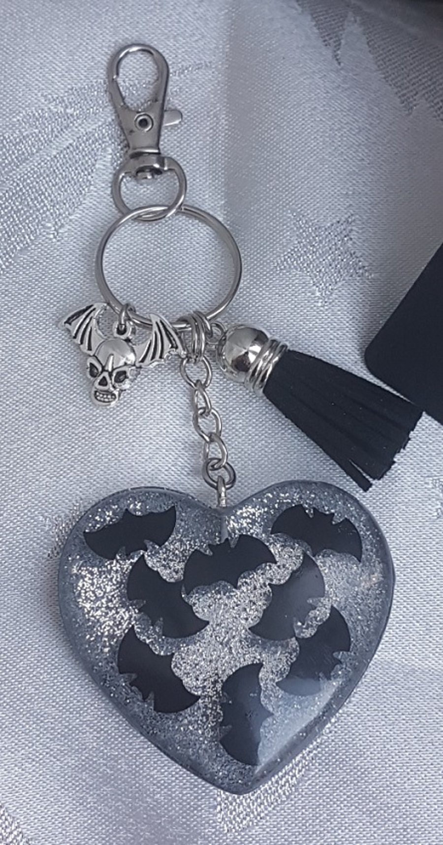 Large Resin Heart with Bats - Key Ring Key Chain Bag Charm.