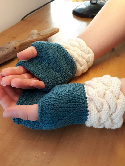 Fingerless Mittens, Hand Knitted, Merino Celtic Cable Cuff, 6 Colours, 2 Sizes
