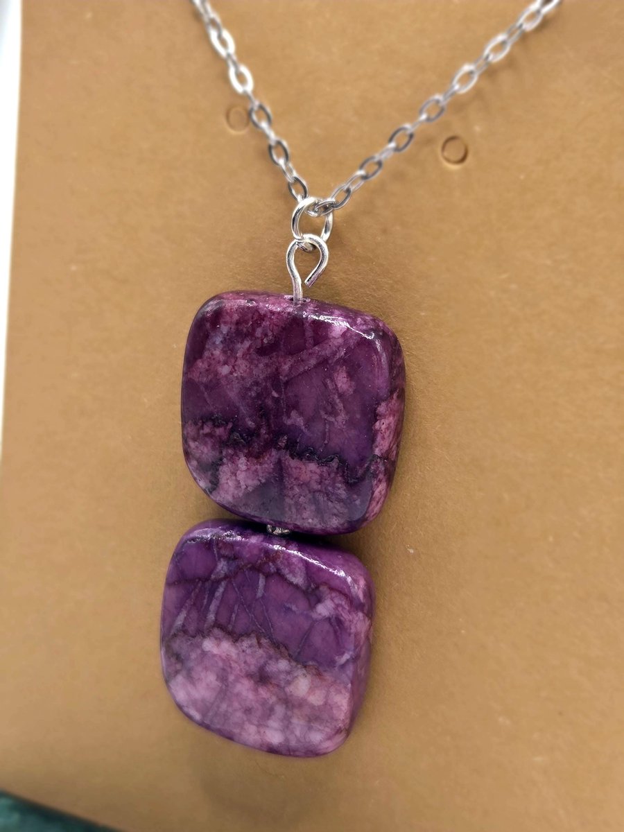 Purple Jasper Pendant Necklace, Square Gemstone Bead Pendant