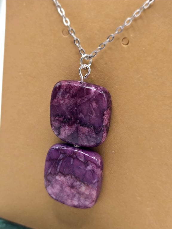 Purple Jasper Pendant Necklace, Square Gemstone Bead Pendant