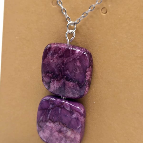 Purple Jasper Pendant Necklace, Square Gemstone Bead Pendant