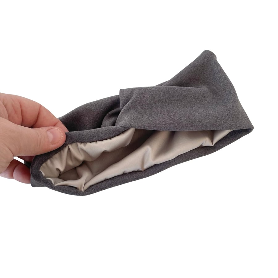 Grey Satin Lined Twist Headband, Frizz Free Hair Brushed Knit Jersey Headwrap