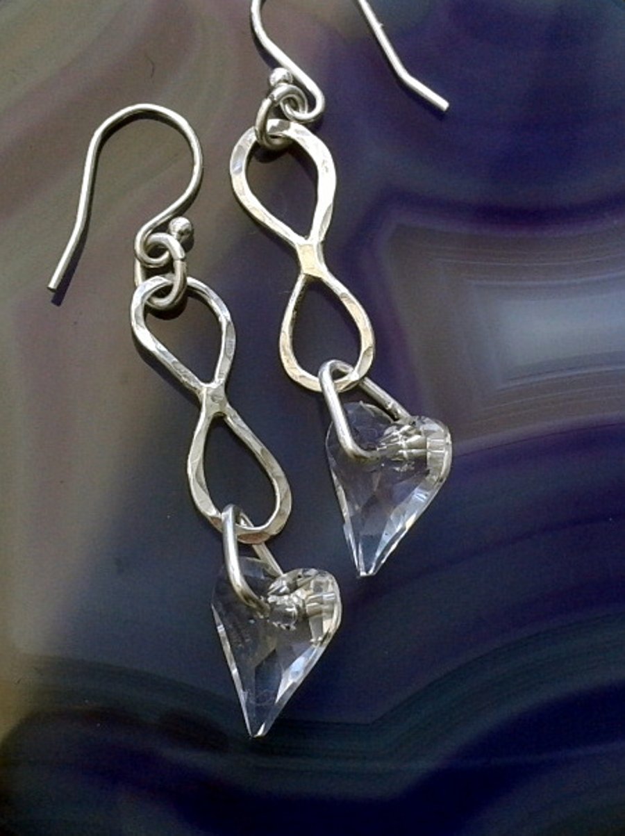 Sterling Silver Infinity Drop Earrings with Crystal Hearts,E94