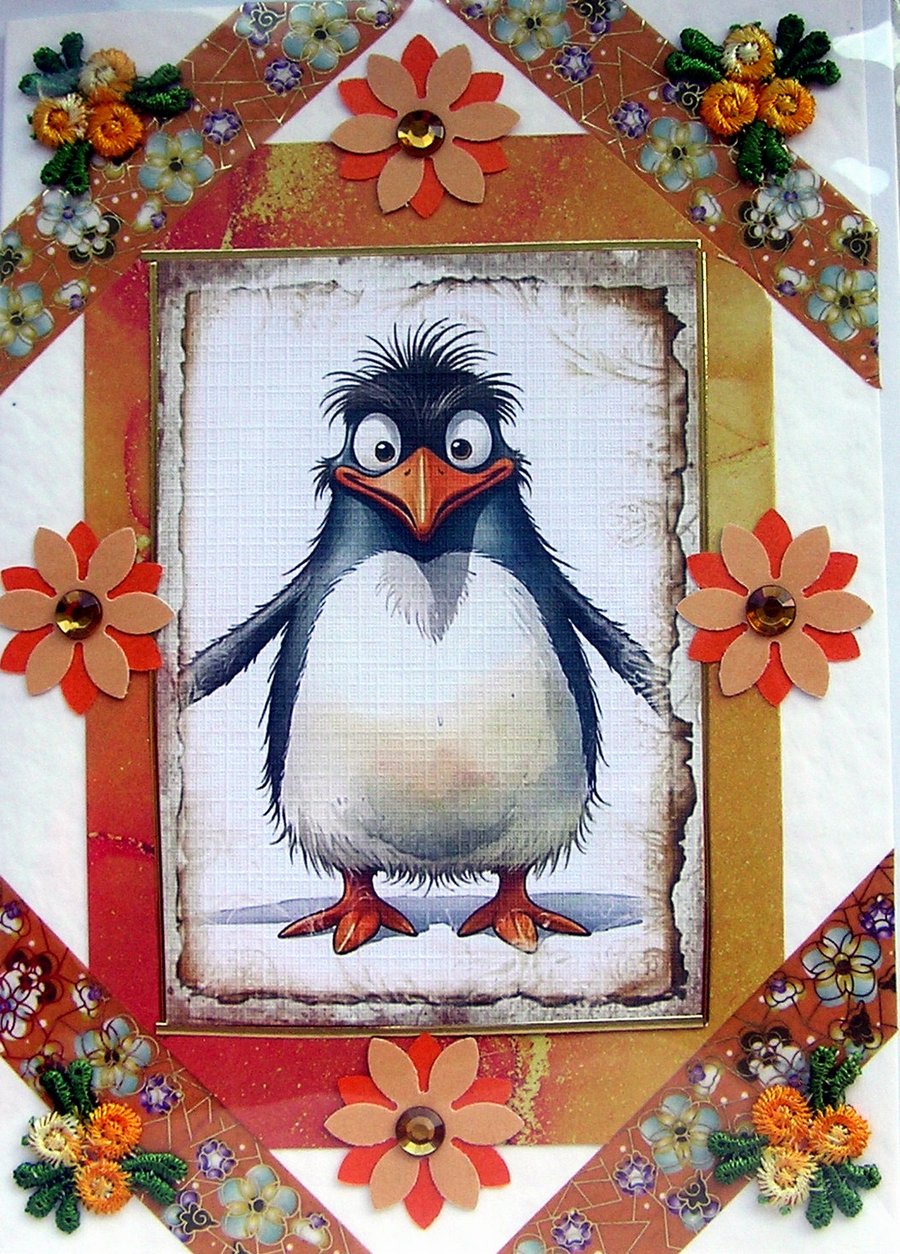Comical Chubby Penguin - Hand Crafted Decoupage Greeting Card - Blank - 2932