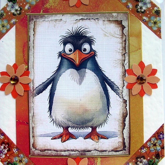 Comical Chubby Penguin - Hand Crafted Decoupage Greeting Card - Blank - 2932