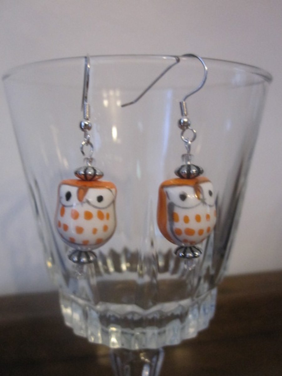 Orange Ceramic Owl Earrings