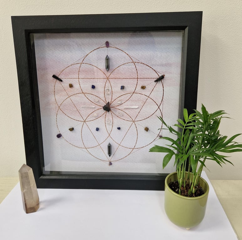 Home Protection Crystal Grid Art: Tourmaline, Selenite, Quartz in Black Frame