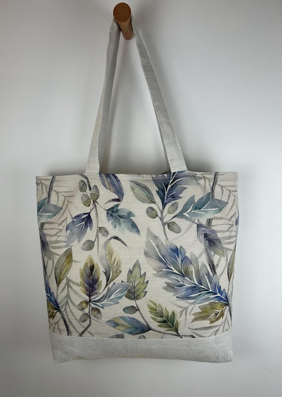 Leaf Print Canvas Tote Bag, Vintage Linen Bottom, Handmade Shopper