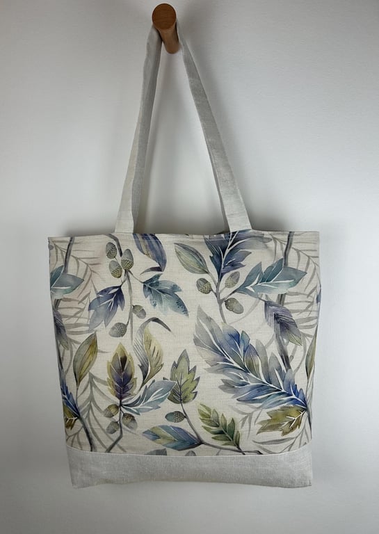 Leaf Print Canvas Tote Bag, Vintage Linen Bottom, Handmade Shopper